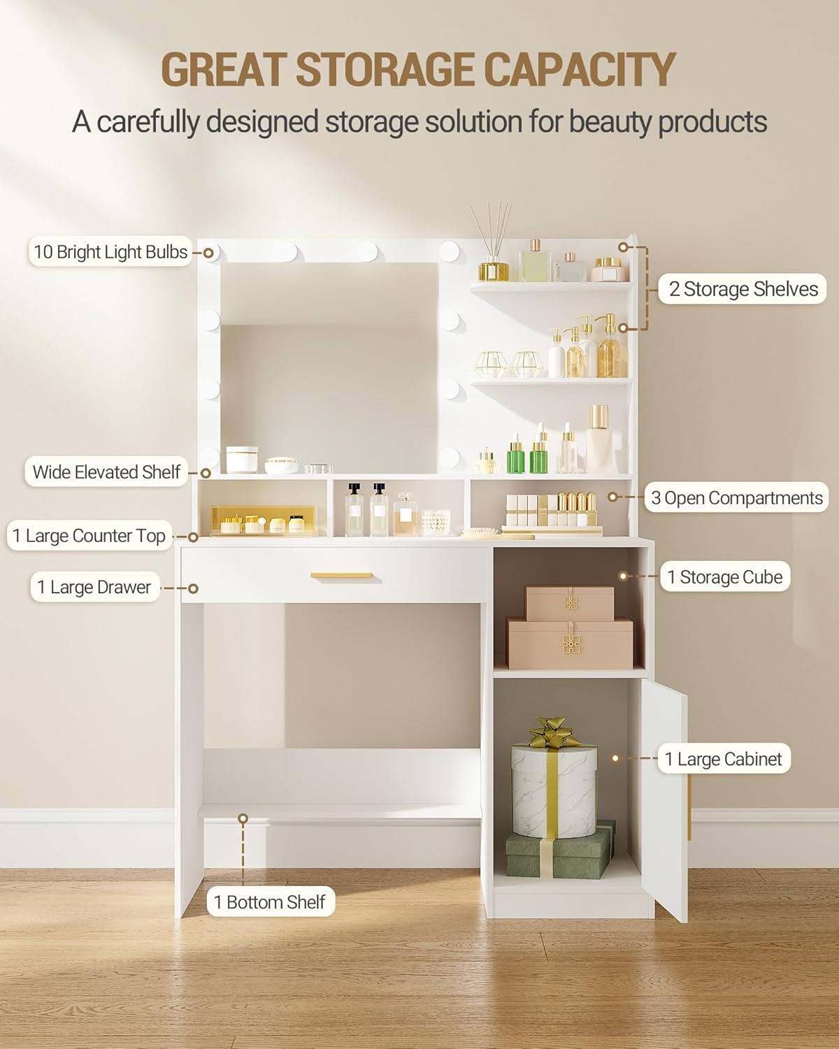 Hzuaneri Makeup Table with Mirror and 10 LED Lamps, Makeup Chest of Drawers with 3 Shelves and 4 Open Compartments, Large Drawer and Cabinet, 3 Adjustable Illumination Levels DT41303XEU