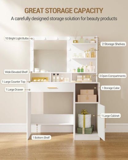 Hzuaneri Makeup Table with Mirror and 10 LED Lamps, Makeup Chest of Drawers with 3 Shelves and 4 Open Compartments, Large Drawer and Cabinet, 3 Adjustable Illumination Levels DT41303XEU