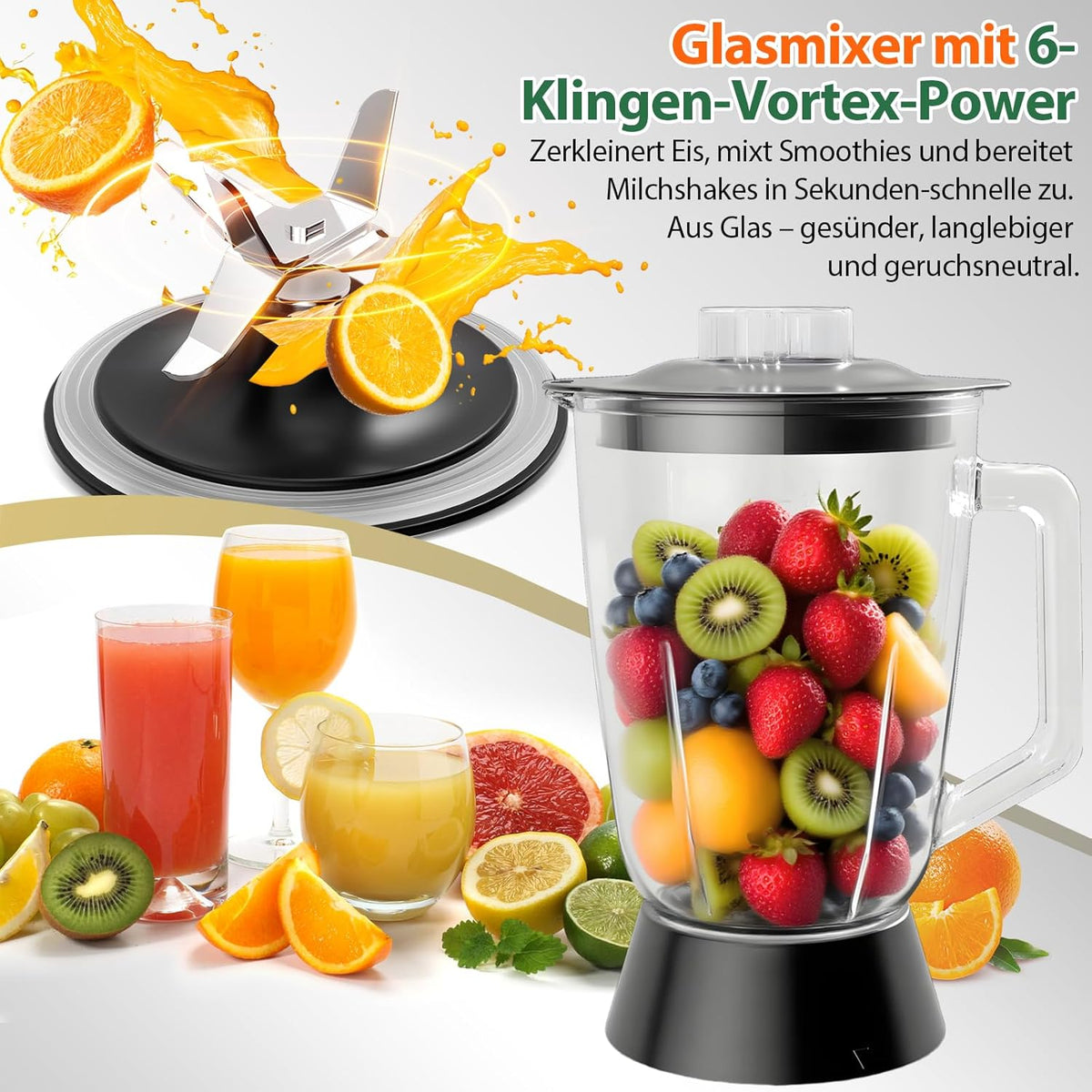 1500 W keukenmachine en mixer combinatie, 2,5 l hakmolen voor vlees, groenten en deeg, 2 l blender met glazen reservoir, 2 snelheden en pulsfunctie voor smoothies, sap enz.