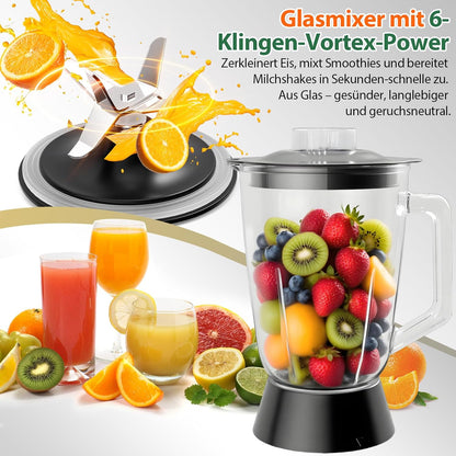 1500 W keukenmachine en mixer combinatie, 2,5 l hakmolen voor vlees, groenten en deeg, 2 l blender met glazen reservoir, 2 snelheden en pulsfunctie voor smoothies, sap enz.