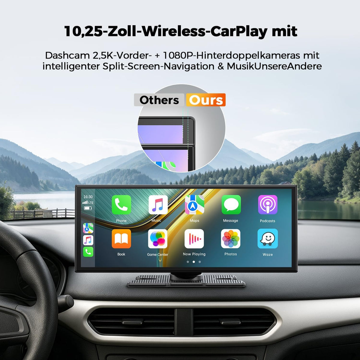 10,25" Draadloos Carplay-scherm Voor Auto Met 2,5K + 1080P Dashcam En Achteruitrijcamera Ondersteunt AppIe Carplay En Android Auto Draagbare Carplay Spraakassistent Mirrorlink Navigatie Bluetooth AUX