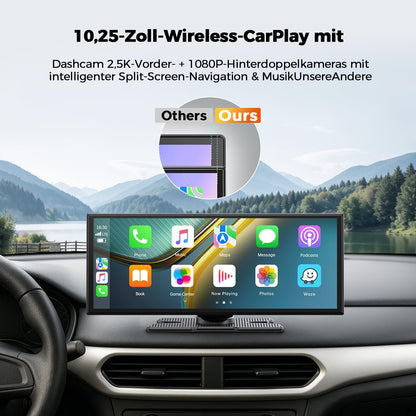 10,25" Draadloos Carplay-scherm Voor Auto Met 2,5K + 1080P Dashcam En Achteruitrijcamera Ondersteunt AppIe Carplay En Android Auto Draagbare Carplay Spraakassistent Mirrorlink Navigatie Bluetooth AUX