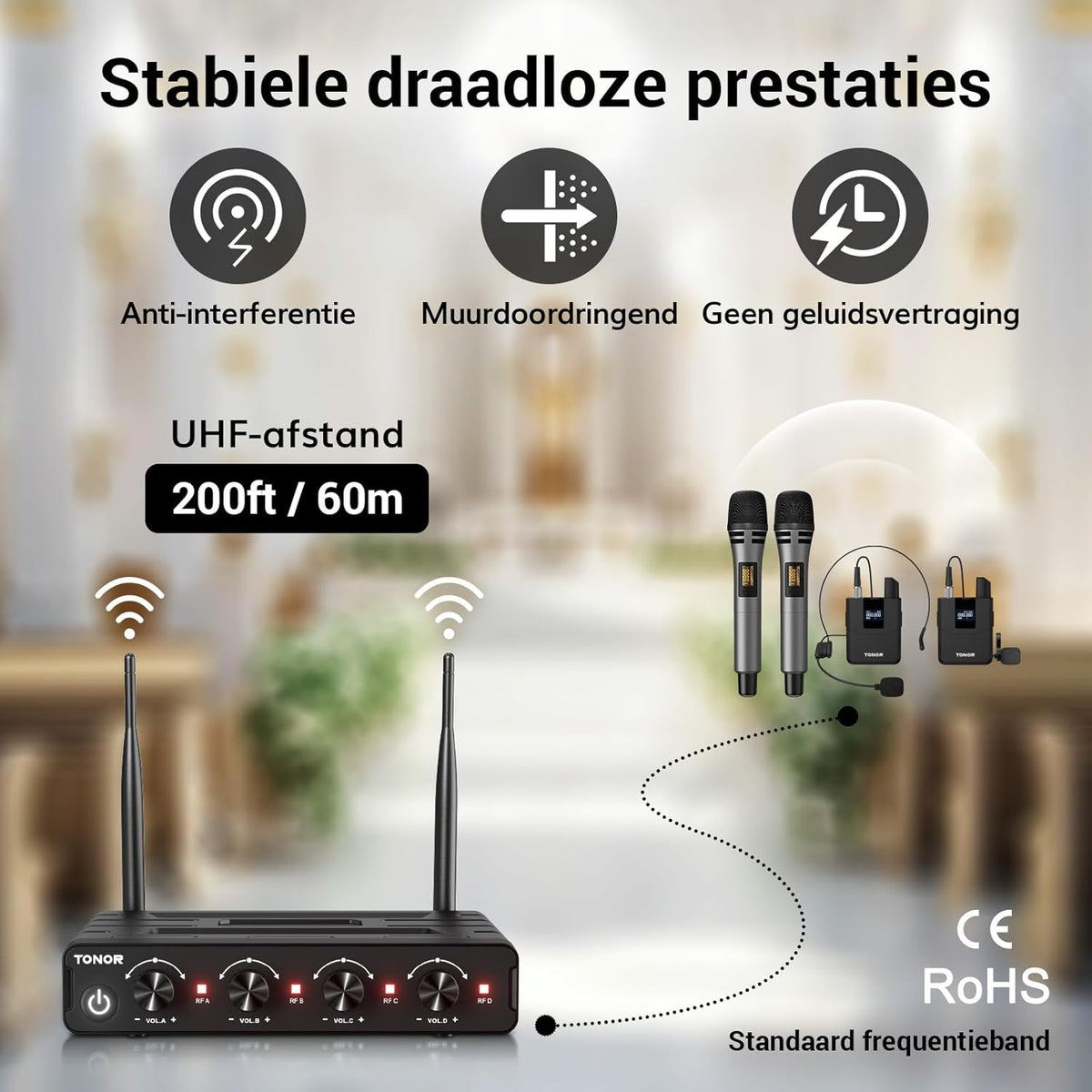 Draadloze UHF microfoonset met 4 zenders – Handmicrofoon – Bodypack zender – Headsetmicrofoon – Lavaliermicrofoon – Bereik tot 60 meter – 5 Instelbare Kanalen