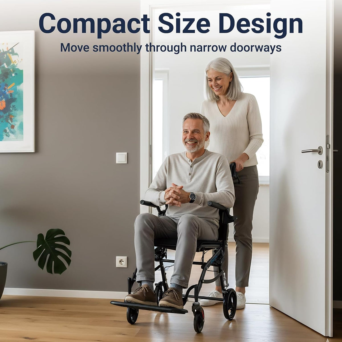 Rolstoel, opvouwbaar, licht, smalle transportrolstoel met verstelbare hoogte, ergonomische handgrepen en 360° wielen, geschikt voor woning en onderweg (Black)