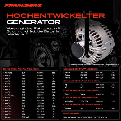 Frankberg Lichtmachine generator 120A compatibel met A3 8L1 1.6L 1.8L benzine 1996-2003 Golf IV 1J1 1.6L 1.8L benzine 1997-2005 Pa.ssat 35I 3A2 1.9L Diesel 1989-1992 vervanging # 0120A 351000. 07
