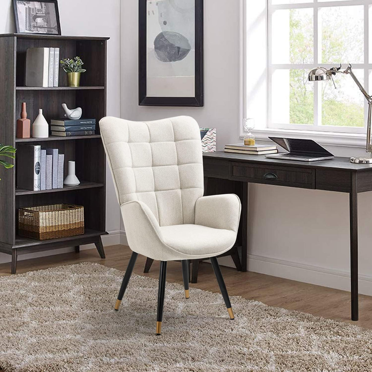 MEUBLE COSY Leunstoelen, scandinavische stoel lounge relaxstoel armleunstoel met beklede vergulde metalen poten, stof, beige, 66x50x110cm