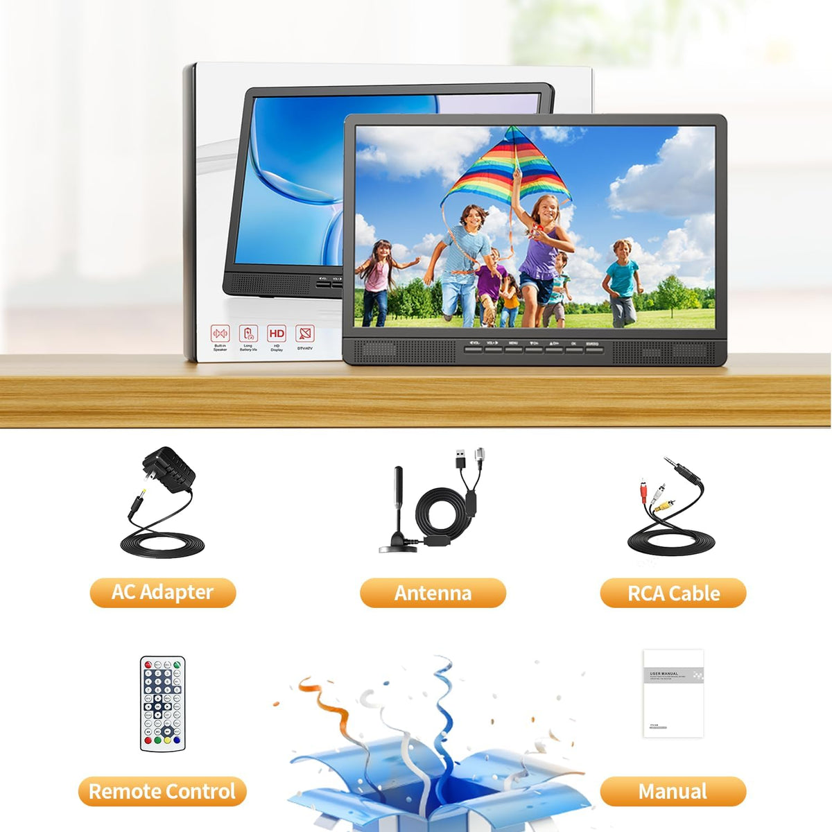 Desobry Draagbare 45,7 cm (18 inch) mini-lcd-tv met DVB/T2-tuner, 12 V, HD 1080P, voor camping buiten, slaapkamer, keuken, ondersteunt USB/HDMI/AV-ingangen