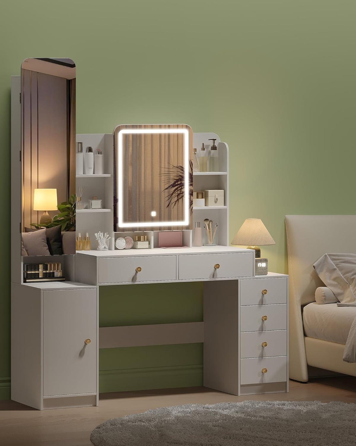 Hzuaneri Large Dressing Table with Lighting, Dressing Table with Makeup Mirror and Jewellery Cabinet, with 8 Open Spaces, 6 Drawers, 1 Storage Cabinet White DT41803XEU