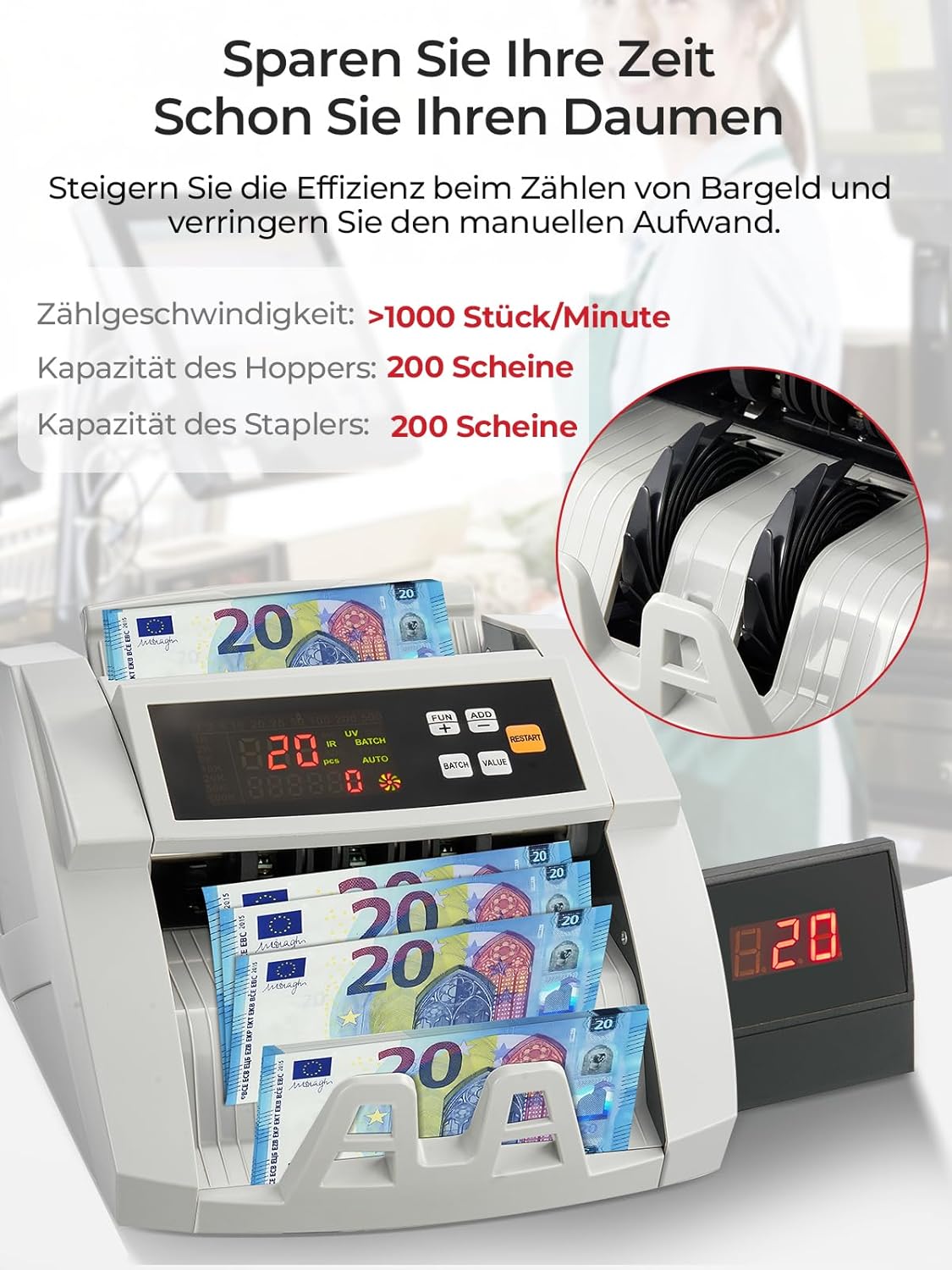 FOHERE Geldtelmachine, professionele geldteller met UV/MG/IR/DD vervalsingsherkenning, 1100 bankbiljetten/minuut, lcd-display, waarde- en batchmodus voor winkels, banken en restaurants