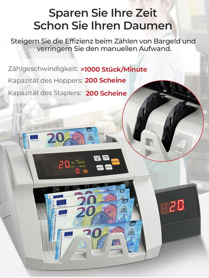 FOHERE Geldtelmachine, professionele geldteller met UV/MG/IR/DD vervalsingsherkenning, 1100 bankbiljetten/minuut, lcd-display, waarde- en batchmodus voor winkels, banken en restaurants