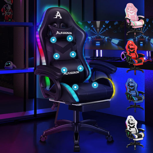ALFORDSON Gaming Chair with 8-Point Massage, 12 Colours, RGB LED Light, Ergonomic Gaming Chair with Footrests, Headrest, Lumbar Cushion for Children and Adults, Black - QUORE