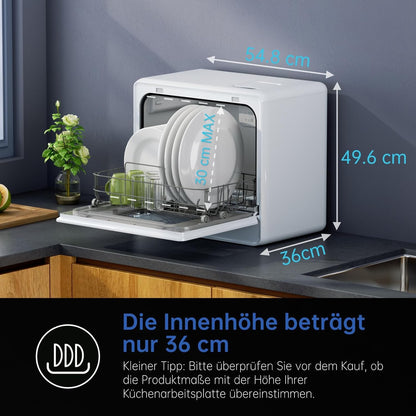 AIRMSEN Tafelvaatwasser, mini-vaatwasser met wateronthardingssysteem, 7+2 programma's en 5 liter watertank, compacte vaatwasser met/zonder wateraansluiting, ideaal voor appartementen, camper, wit
