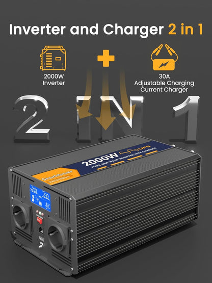 UPS 2000 W omvormer 12 V 220 V zuivere sinusomvormer transformator met 30 A lader, 2 EU-stopcontacten, 5 m afstandsbediening en LCD-scherm voor noodoproepen thuis, reizen buitenshuis