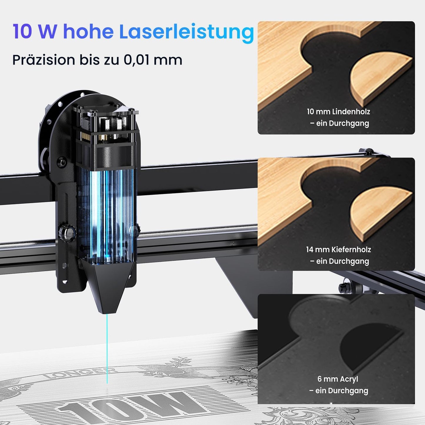 Longer 10 W lasergraveermachine & cutter – upgrade editie met 24.000 mm/min, 3,5 inch kleuren-touchscreen, offline app, voor metaal/glas/hout DIY