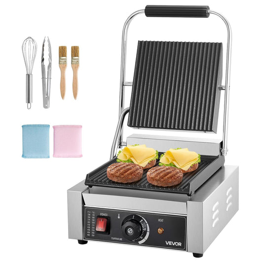 VEVOR Panini Panini Elektrische grillplaat, 1800 W, van roestvrij staal met handvat en temperatuurregeling, geribbeld, geëmailleerd, plat, 22 x 23 cm, voor steak en pancetta