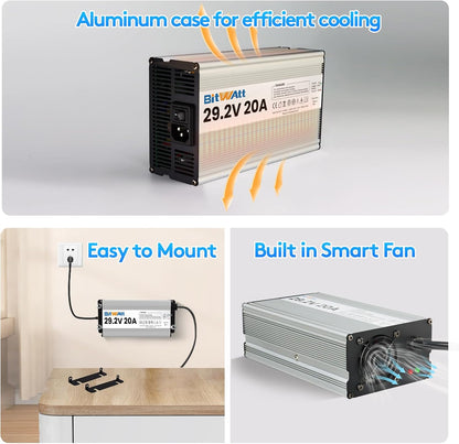 LiFePO4 Acculader – Batterijlader – Lithium Acculader – 24V Lader – 20A Oplader – Intelligente Tweefasige Lading – Aluminium Behuizing Met Ventilatorsysteem