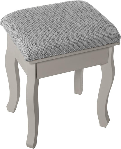 DRW Kaptafel met een lade van hout met witte spiegel bekleed met bank, 80 x 40 x 74 cm, bank 36,5 x 29 x 46 cm