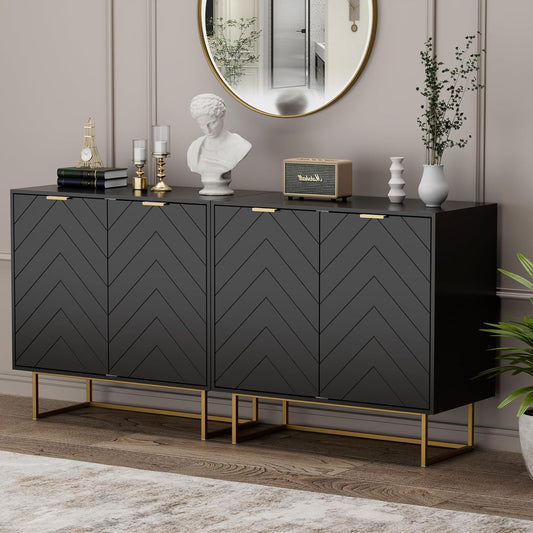 Dressoir – Opbergkast – Ladekast – Keukenkast – Kast – Scandinavisch Design – Verstelbare Plank – 80x40x77,5 cm – Goudkleurige Metalen Poten