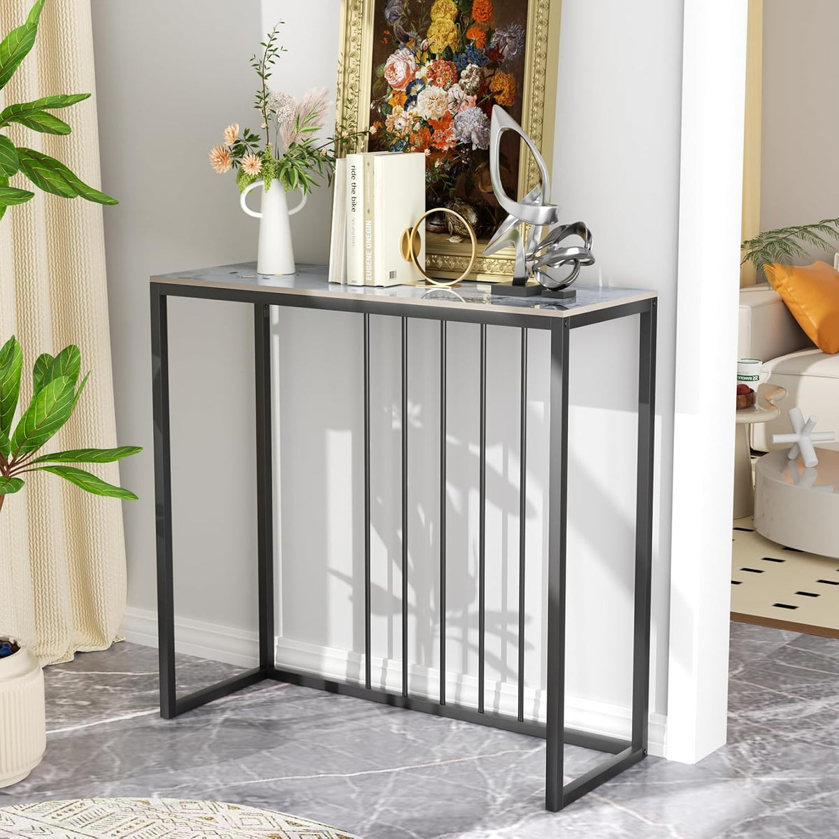 FATIVO Consoletafel van marmeren ingang: gladde gefrituurde stenen woonkamerconsoletafel 80 × 30 × 78,5 cm modern wit entree meubel, zwart frame, Scandinavisch design bankpunt – jade wit