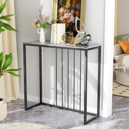 FATIVO Consoletafel van marmeren ingang: gladde gefrituurde stenen woonkamerconsoletafel 80 × 30 × 78,5 cm modern wit entree meubel, zwart frame, Scandinavisch design bankpunt – jade wit
