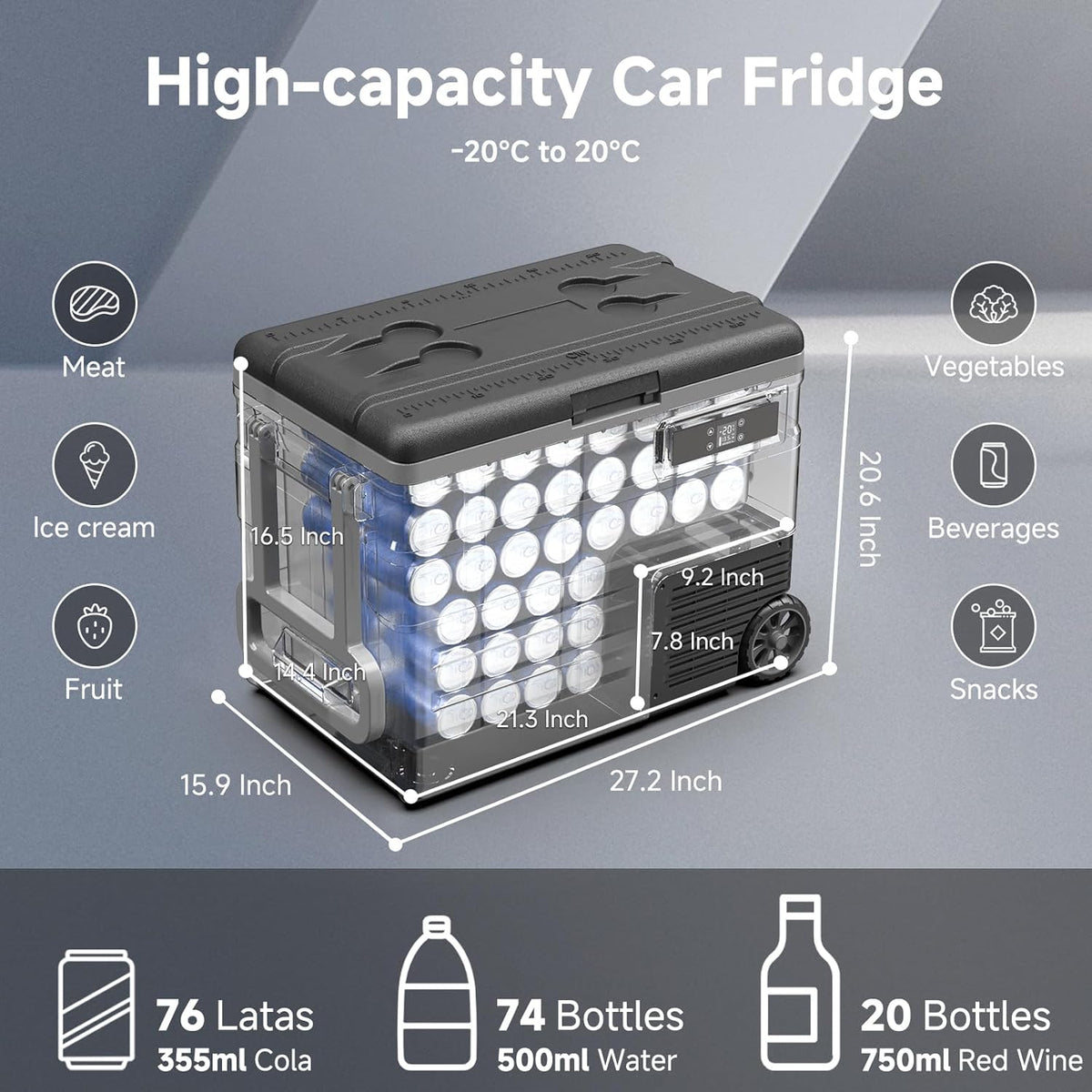 AAOBOSI Compressor-koelbox, 55 liter, koelbox auto met wifi-app-bediening, 12/24 V en 100-240 V, elektrische koelbox tot -20 °C, voor auto, vrachtwagen, boot, camper, camping, kan met accu worden