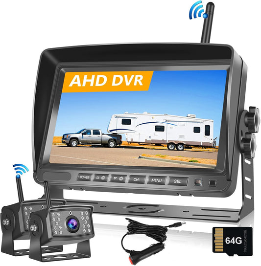 Hodozzy Digitale achteruitrijcamera, draadloos, video-opname, IPS-monitor 7 inch, AHD, 2 camera's, SD-kaart, waterdicht, nachtzicht, auto
