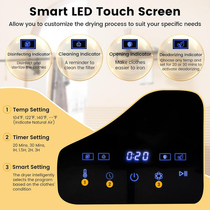FANTASK Mini-wasdroger, 800 W, met desinfectie, ontgeuring en oververhittingsbeveiliging, afvoerdroger tot 69 °C, led-touchscreen, meervoudige filtratie, 4 temperaturen en 6 timers