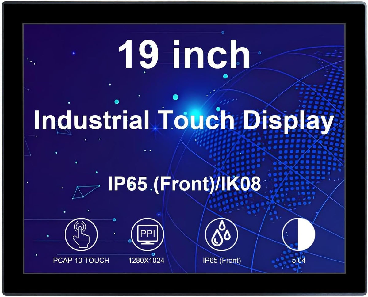 VSDISPLAY 19-inch industriële touchscreen monitor, 1280 × 1024, 250 nits, IP65 voorkant, 10-punts aanraking, 5:4 beeldverhouding, brede temperatuur