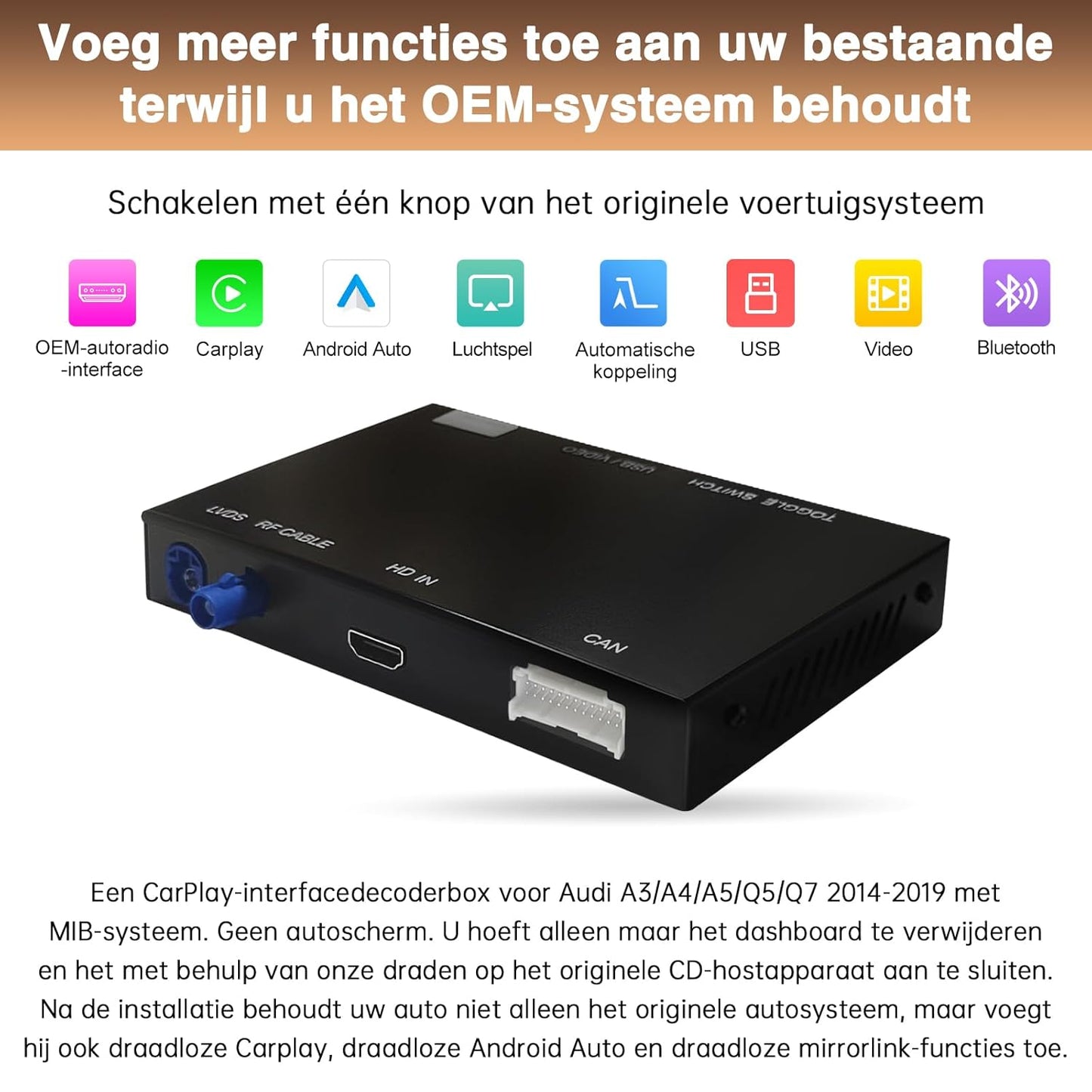 Draadloze CarPlay Android Auto Retrofit Kit – CarPlay Adapter – Smart Connect Module – Infotainment Upgrade – Bluetooth Interface – Siri Stembesturing – Achteruitrijcamera Ondersteuning