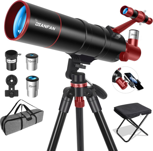 Dianfan Telescoop, 90/550 telescopische astronomie voor volwassenen en kinderen, draagbare telescoop voor beginners met AZ-montage, statief, telefoonadapter, draagtas en klapkruk