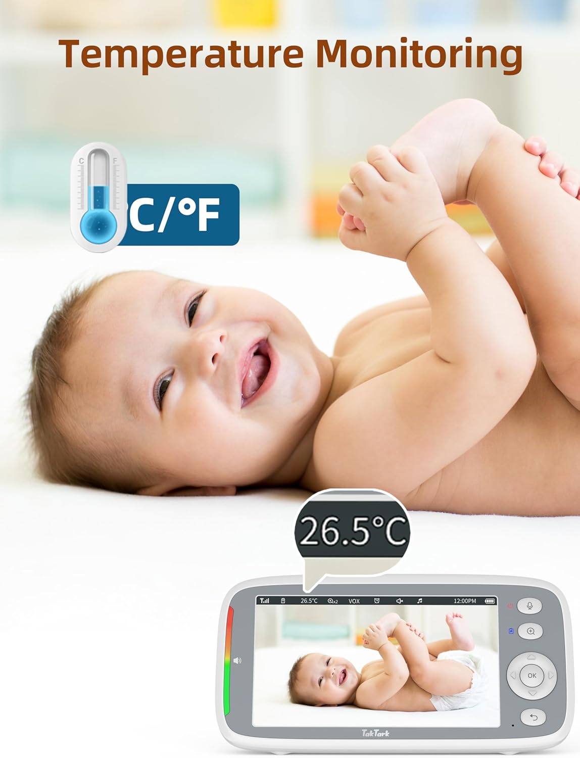 TakTark Babymonitor, 5 inch 720p IPS babymonitor, video en audio, 3050 mAh kindercamera met VOX-monitor, nachtzicht, bidirectionele gesprekken, temperatuuralarm