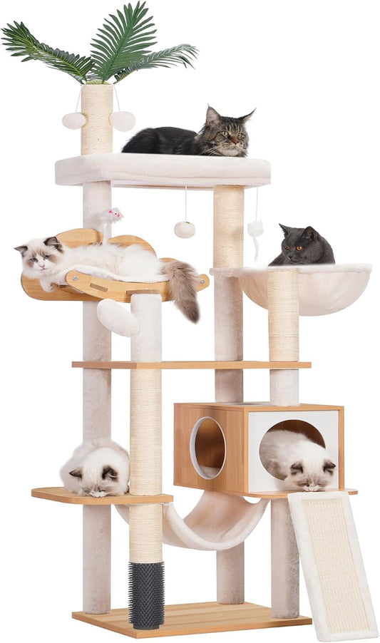 Heybly Wooden Cat Scratching Post, For Indoor Cats, Cat Condo For Large Cats With Self-Caregiver, Modern Scratching Post With Basket, Hammock, Dangling Ball And Leaves, Greige HCT120SG - QUORE