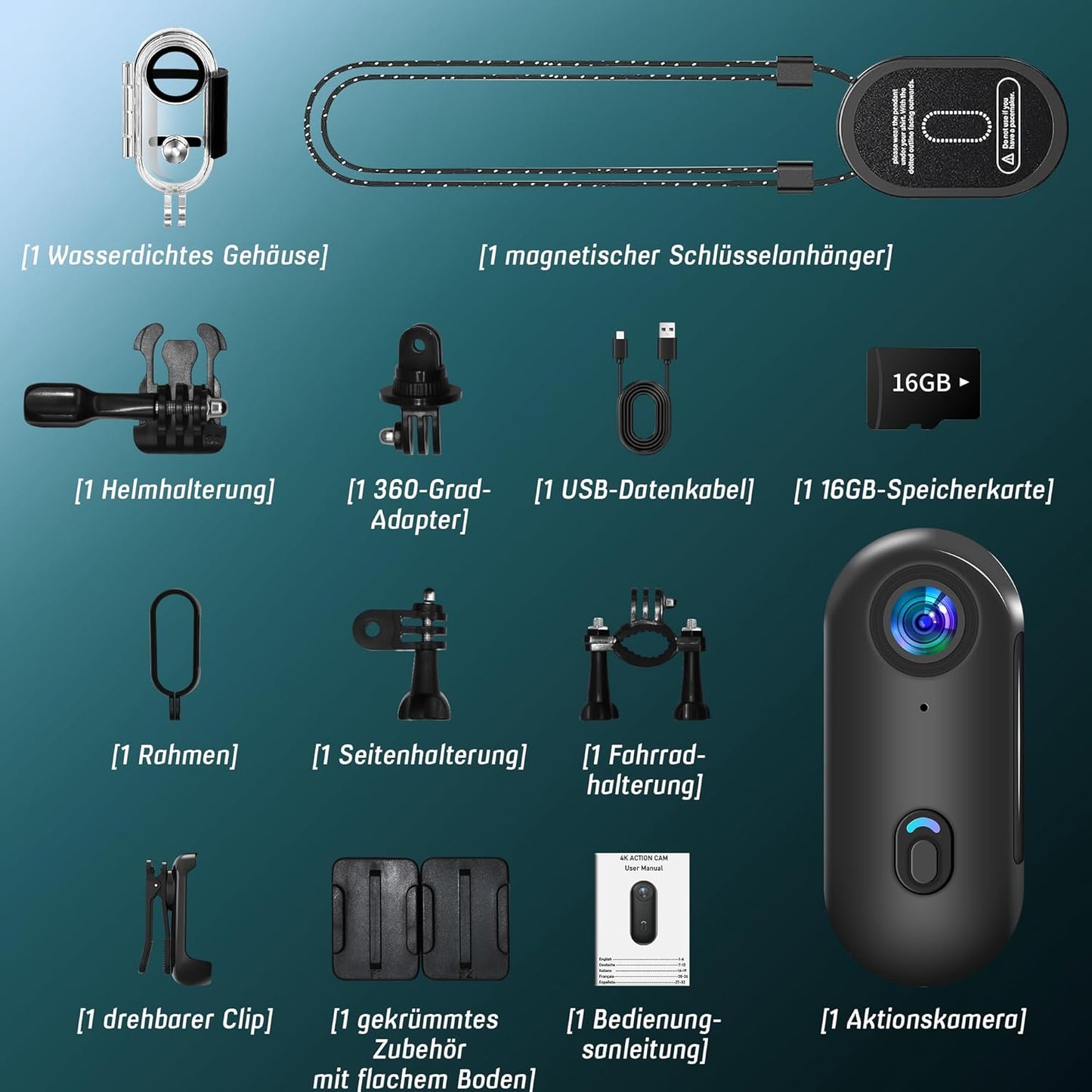 Actioncam 4K en 16 GB geheugenkaart Mini onderwatercamera Waterdicht tot 30 m, 360° helmcamera Fiets, handsfree POV's, bodycam Lichaamscamera, actiecamera, kleine camera