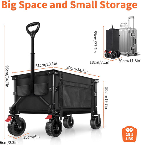 BELEEV Inklapbare Handwagen, Zware Klasse All-Terrain Handwagen met 6in Grote All-Terreinwielen, 130L Grote Capaciteit, Zijzakken & Drankhouders voor Strand Tuin Camping Sport Winkelen -Black