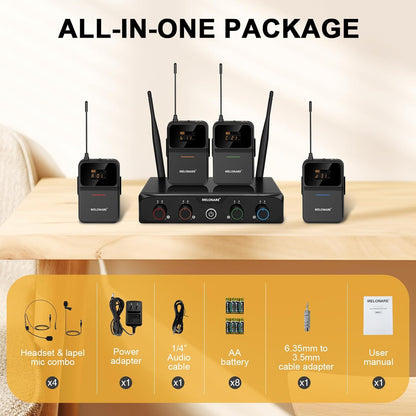 4-Kanaals UHF-Draadloos Microfoonsysteem – Draadloze Microfoonset, Headsetmicrofoon, Dasspeldmicrofoon, Bodypack-Zenders – 24-Bit/48 kHz Geluidskwaliteit – Stabiele UHF-Verbinding Tot 200 Meter
