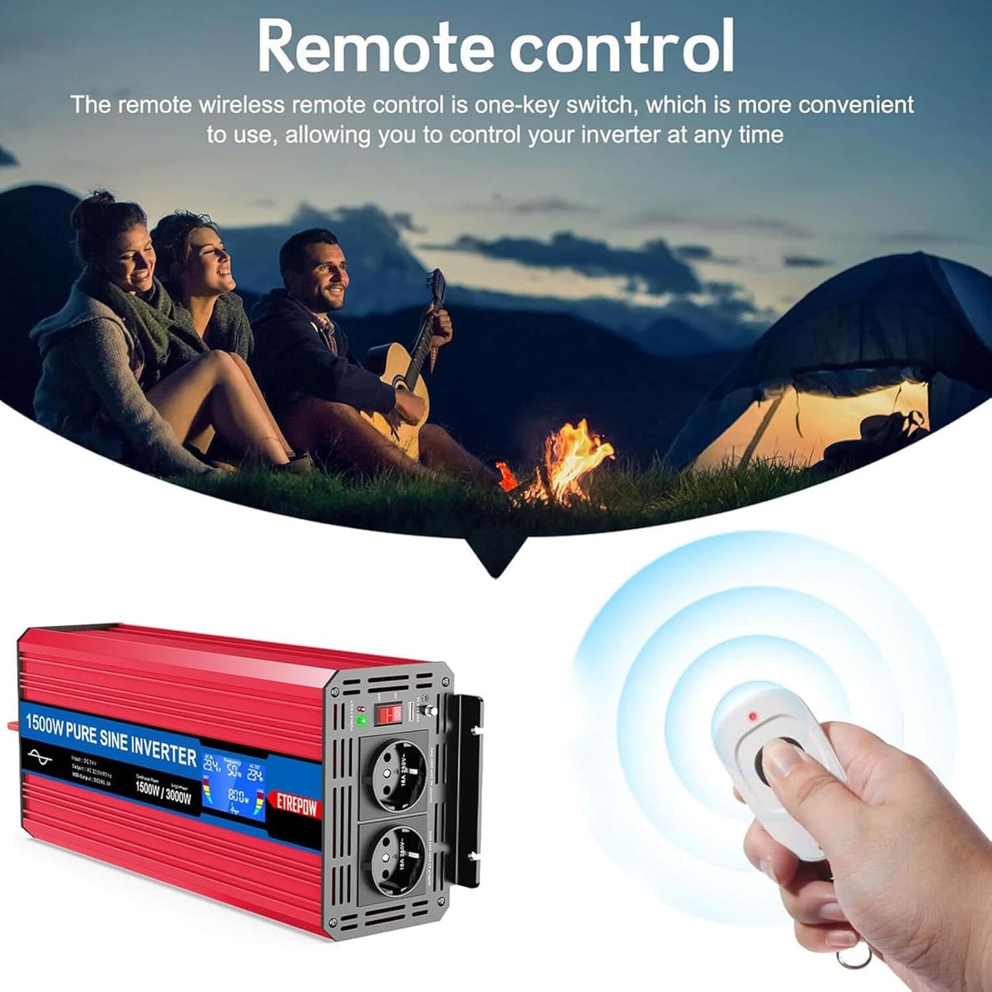 Omvormer 1500W /3000W 24V naar 230V Pure Sinus Volt ETREPOW Auto spanningsomvormer Omvormer Converter Pure Sine Wave Power Inverter DC AC omvormer (Draadloze afstandsbediening, display)