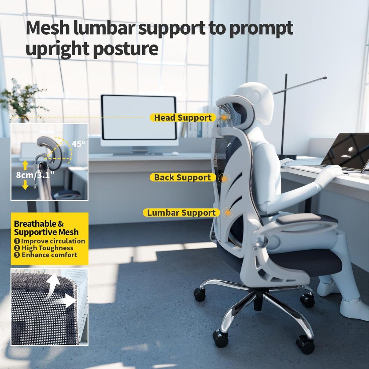 HOLLUDLE Ergonomische Bureaustoel met Opklapbare Rugleuning, Computer Bureaustoel met Opklapbare Armleuningen, Mesh Lendensteun en 2D Hoofdsteun Grote en Lange Bureaustoel, Wit