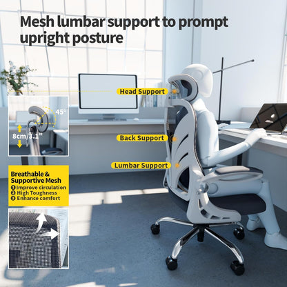 HOLLUDLE Ergonomische Bureaustoel met Opklapbare Rugleuning, Computer Bureaustoel met Opklapbare Armleuningen, Mesh Lendensteun en 2D Hoofdsteun Grote en Lange Bureaustoel, Wit
