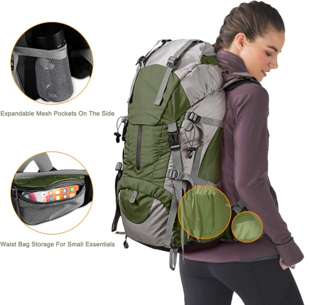 Wandelrugzak - Kampeertas - Trekking rugzak - Camping Essentials Tas - met Regenhoes 50L - Lichtgewicht - Waterdichte - 8 Verstelbare Riemen - Nylon - Groen