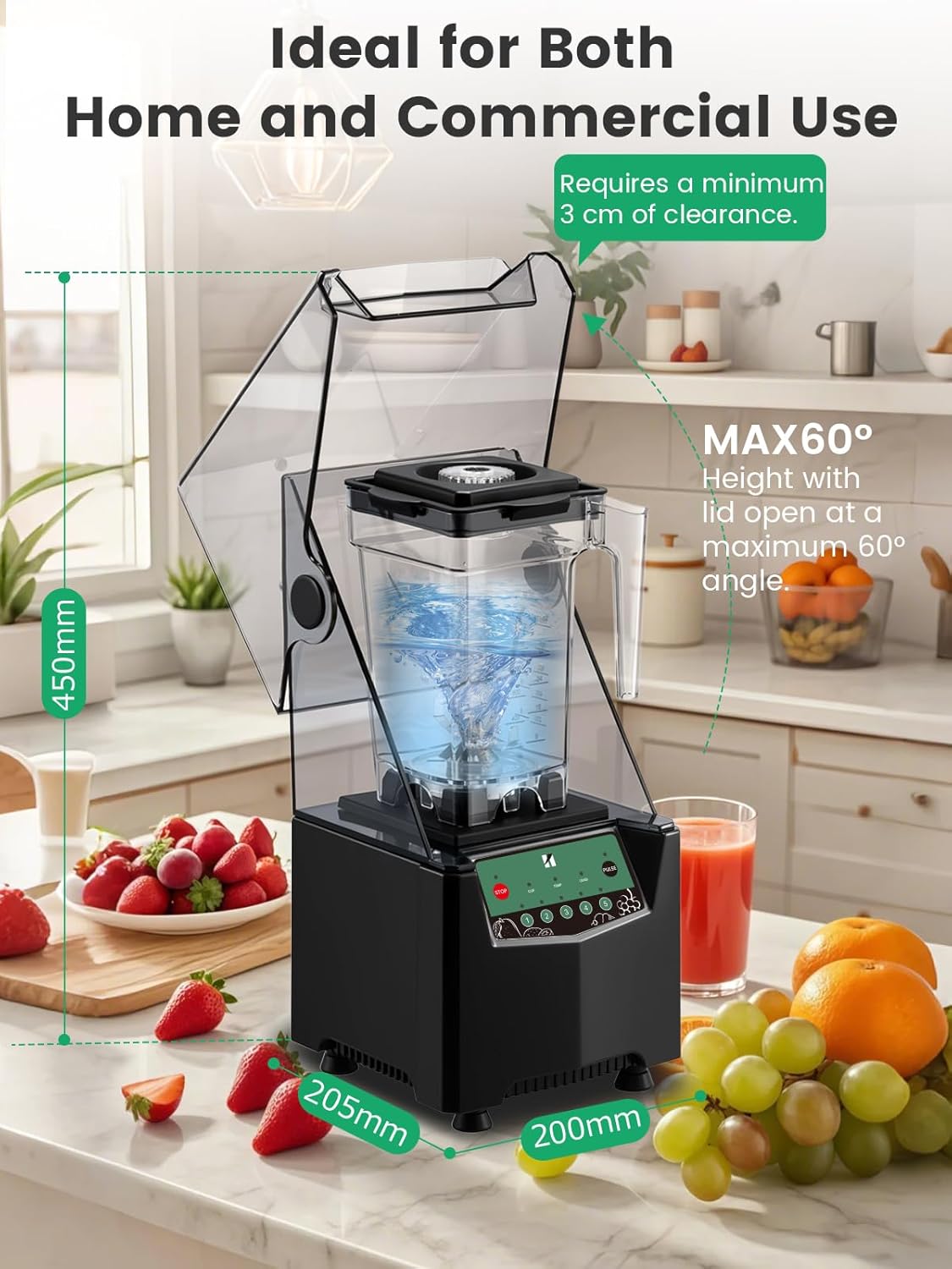 Huanyu 1000 W commerciële blender 2 liter inhoud smoothie mixer met geluiddichte afdekking, snelheidsregeling, 4-in-1 mixer