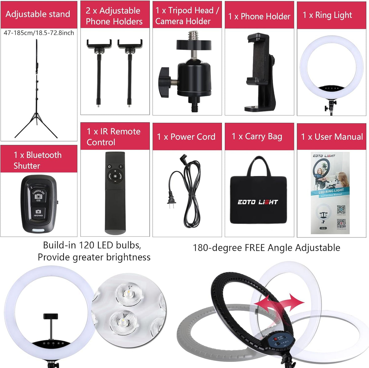 LED-Ringlamp Met Statief – Ringlamp, Ringlicht, Vloglamp, Selfielamp – 48,3 Cm / 19 Inch – Touchpaneel, Verstelbare Kleurtemperatuur 2900K-6500K