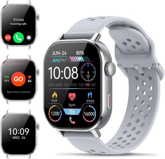 Smartwatch GPS voor dames en heren, 2,06 inch AMOLED 5 ATM smartwatch met oproepen, 110 + smartwatch-modus met stappenteller/slaap/hartslagmeter, sportfitnesstracker voor iOS en Android, grijs
