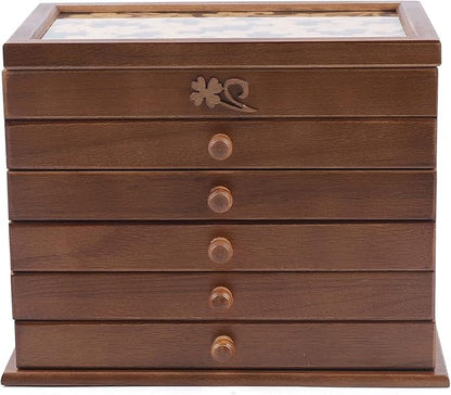 OUKANING 6 Layers Jewelry Box Wooden Vintage Jewelry Box with Drawers, High Quality Hinges and Refined Handles, Freestanding Jewelry Box, Gift (Brown) - QUORE