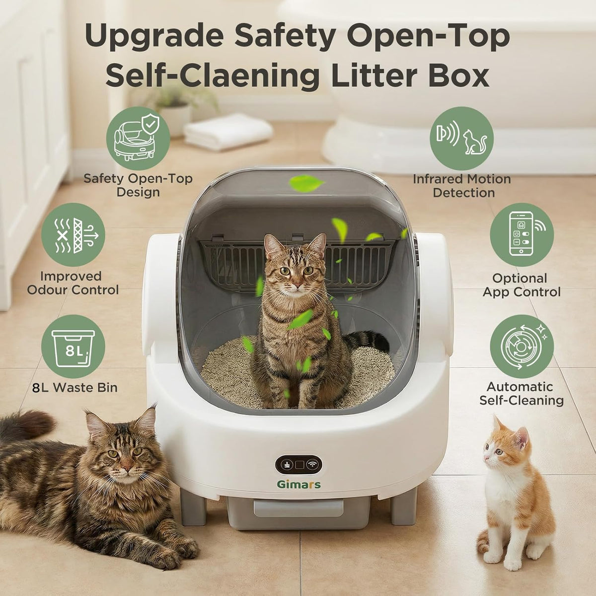 Gimars Open Top Design Zelfreinigende Kattenbak, Automatische Kattenbak voor Meerdere Katten & Senior Katten, App Control met Veiligheidssensoren, Lage Geur, Inclusief Vuilniszakken & Kattenbak, Wit