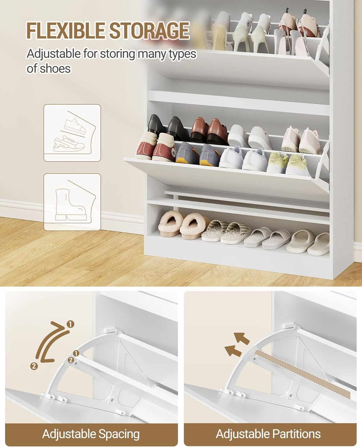 Hzuaneri Shoe Cabinet, Shoe Storage, Wooden Shoe Rack, Open Compartment, Divider Adjustable, 16-20 Pairs, Large Capacity for Hallway, Wardrobe, 2 Flaps (80B cm), White SR63203X