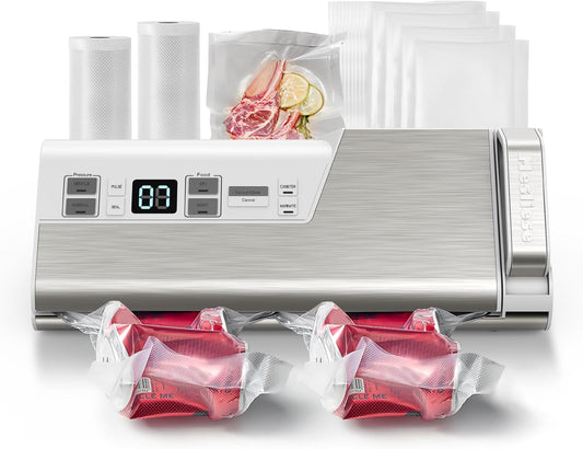 Mesliese Vacuümsealer, 95 kPa 140 W dubbele afdichting, krachtige voedselsealer, voedselopslag met één hand met ingebouwde snijder en rolopslag, ETL-getest (wit)