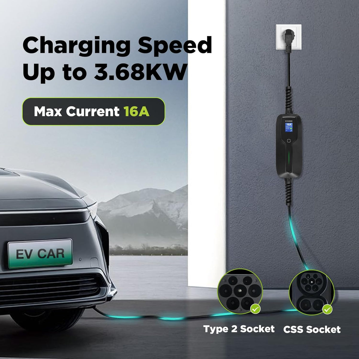 Morec Type 2 draagbare EV oplaadkabel schakelbare laaddoos 10 / 16A oplader met scherm Schuko 2 pin EV laadstation IEC 62196-2 elektrische auto EVSE (Euro stekker) 6.5m / 21.3ft
