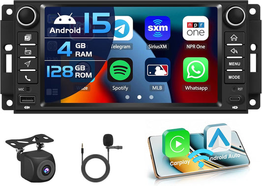 4+128G autoradio voor Jeep Wrangler 2007-2018, Android 15 met 7-inch In-Cell scherm, ondersteunt draadloze CarPlay en Android Auto, Mirror Link, FM/RDS-radio, GPS, wifi, Bluetooth en SWC.