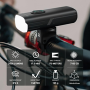 Fietslamp - Fietslicht - Dual Fietsverlichting - Draadloze Fietskoplamp - 2000Lm - 170m Lichtsterkte - LED - IPX6 Waterdichte - met Spotlight Intelligente - Lichtsensor - Schoksensor - Type-C Opladen - 6700 mAh - 4.9 x 3.2 x 9.9 cm - Zwart