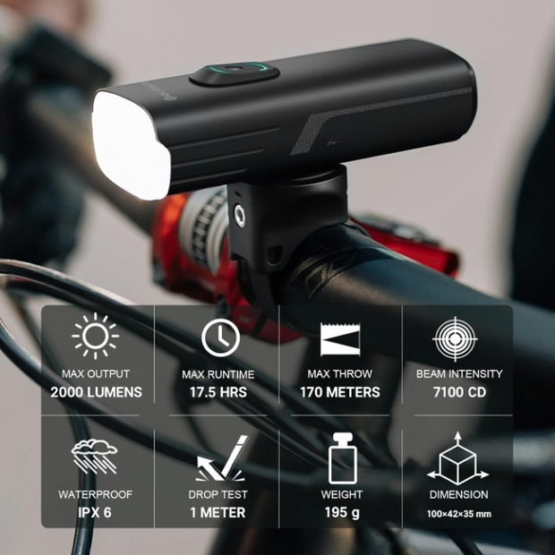 Fietslamp - Fietslicht - Dual Fietsverlichting - Draadloze Fietskoplamp - 2000Lm - 170m Lichtsterkte - LED - IPX6 Waterdichte - met Spotlight Intelligente - Lichtsensor - Schoksensor - Type-C Opladen - 6700 mAh - 4.9 x 3.2 x 9.9 cm - Zwart